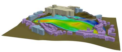 Darstellung des 3D-Modells des Schlossberges Quedlinburg mit Bebauung und Verteilung der Wellengeschwindigkeiten der unterste Tomographieebene als Farbverlauf von Rot (2500 m/s) über Grün (1500 m/s) nach Blau (400 m/s).