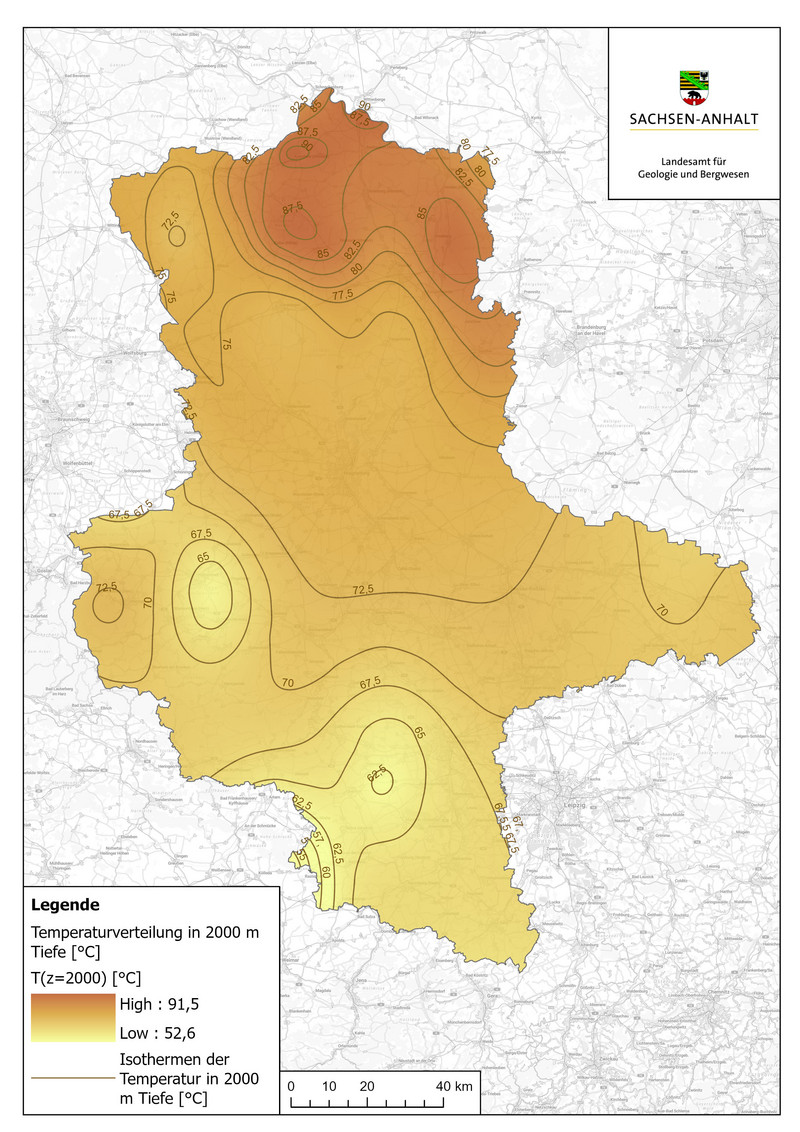 Karte von Sachsen-Anhalt, die die Temperaturverteilung im Untergrund darstellt.