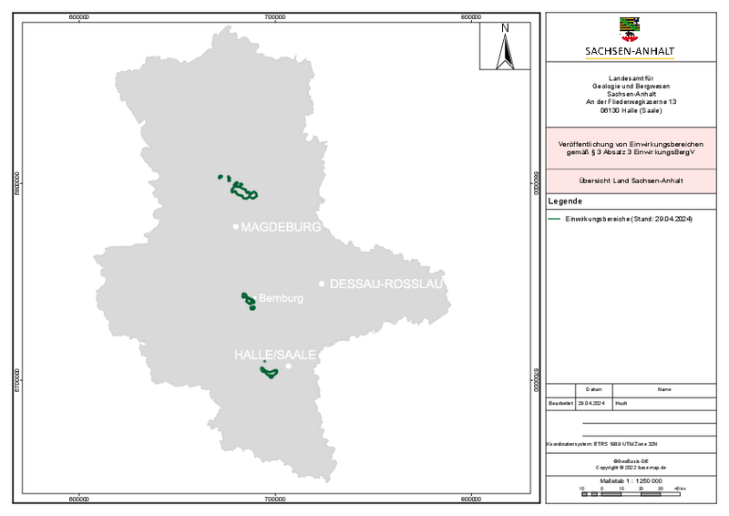 Das Bild zeigt eine Karte von Sachsen-Anhalt in grau mit den grünen Markierungen der Einwirkungsbereiche.