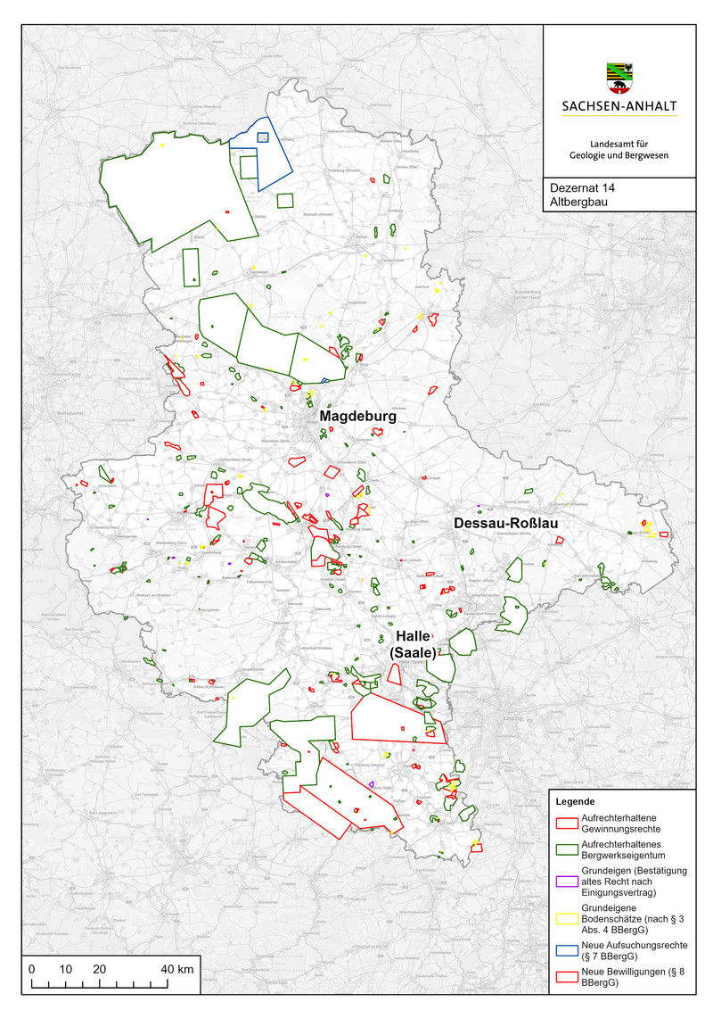 Die Darstellung zeigt eine Übersicht von Sachsen-Anhalt in der über das gesamte Bundesland verteilt die ca. 400 Bergbauberechtigungen dargestellt sind. Es überwiegen die Bewilligungen und Bergwerkseigentume als klein- und großflächige Berechtigungen.