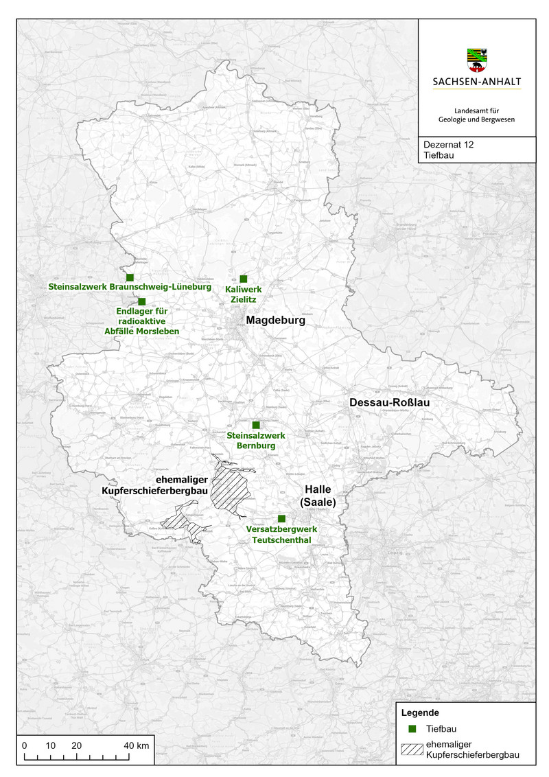 Die Abbildung zeigt die Kontur des Landes Sachsen-Anhalt. Darin ist die Lage der Tiefbaubetriebe Zielitz, Bernburg, Teutschenthal und Morsleben sowie der Bereich des ehemaligen Kupferschieferbergbaus eingezeichnet.