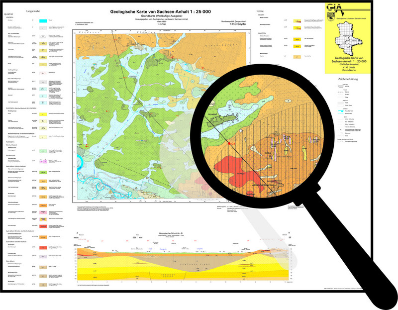 Geologische Karte (Oberfläche) im Maßstab 1:25.000 (GK25), Blatt Seyda (4143) Kartenausschnitt mit einer Lupe zur Vergößerung